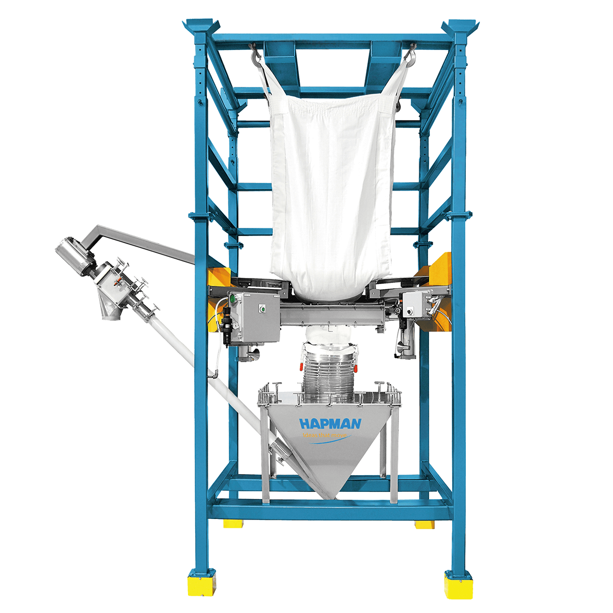 bulk bag unloader with a helix blue frame